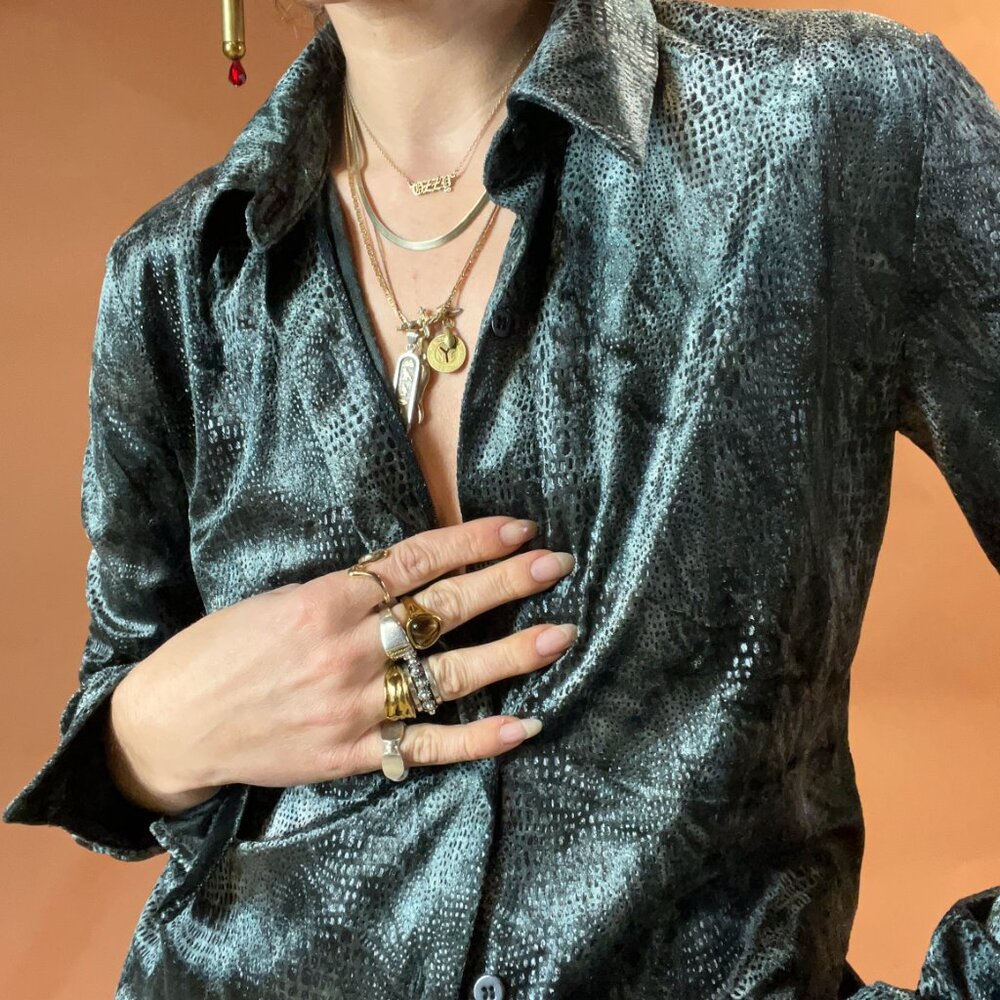 Vintage Velvet Animal Print Button Down Shirt- Size 6